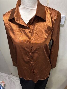 Satin Button-Down Shirt in Copper Brown
